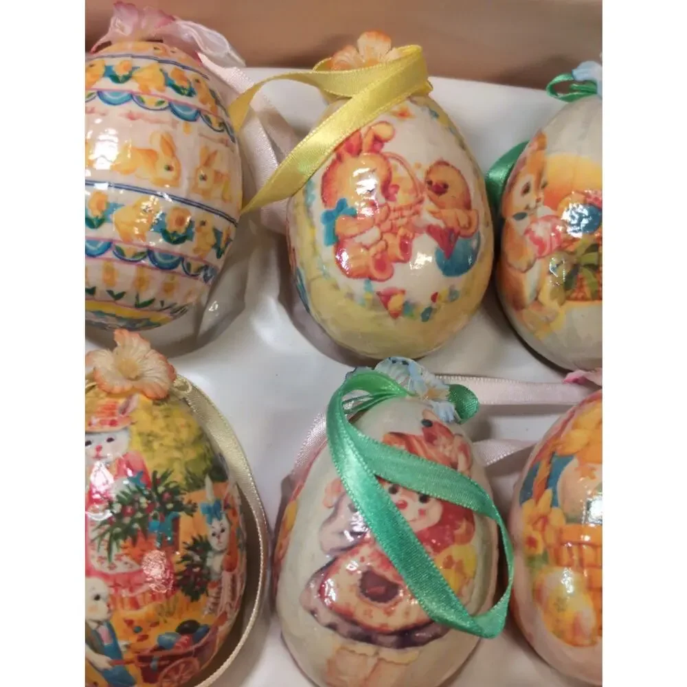 6 Vintage Easter Egg Paper Mache Decoupage Ornaments Bunny Chick Kitschy 3”
